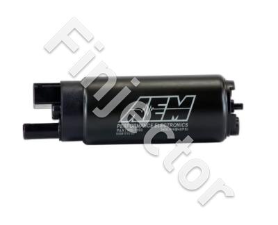 340lph High Flow In-Tank Fuel Pump (Offset Inlet, Inline) . 340lph@43psi. Includes Fuel Pump, installation instructions, wiring harness, pre filter , for gasoline no E85 (AEM 50-1000)