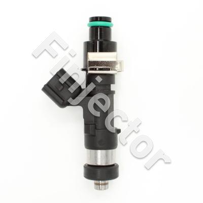 EV14 injector, 12 Ohm, 630 cc, E 20°, Gamma 12°, USCAR, O-O 61 mm, Long, 11 mm Short Top Adapter with Filter, Bottom 16 mm Seal (Bosch 0280158298-L11)