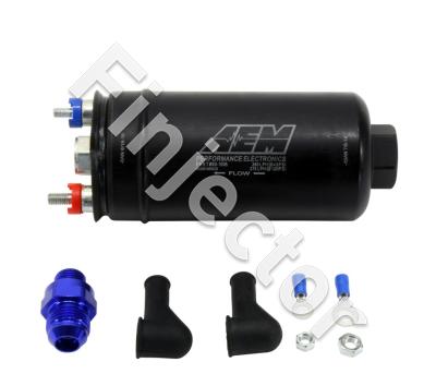 380lph Inline High Flow Fuel Pump. 380lph@43psi, 270LPH@120psi. -10AN Inlet & -6AN Outlet. Includes Fuel Pump, installation instructions, 6AN to 8AN check valve (AEM 50-1005)