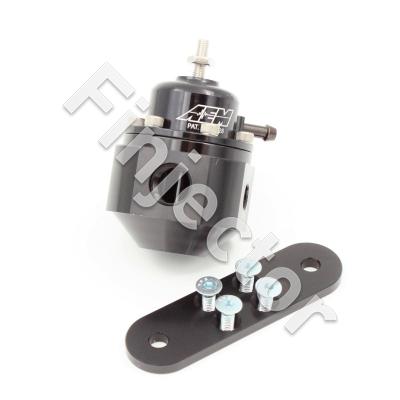 Universal Adjustable Fuel Pressure Regulator. Black. Inlet: 2 X 6AN (9/16-18) Outlet: 6AN (9/16"-18) Gauge Port:: 1/8"NPT. Pressure range 20-150 Psi. (AEM 25-302BK)