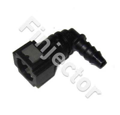 Female quick connector 90° of 7.9 mm tube. Output for 8 mm polyamide tube or hose.