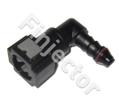 Female quick connector 90° of 7.9 mm (5/16") tube. Output with O ring for 8 mm polyamide tube or hose.