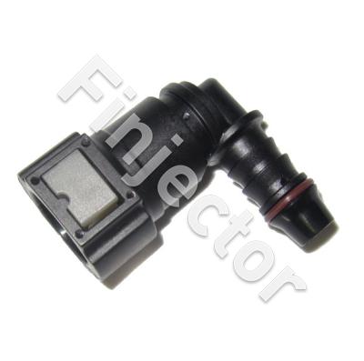 Quick connector for 9.5 mm (3/8") pipe, 90°, output with O ring for 10 mm polyamide tube or 9.5/10 mm hose.