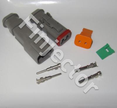 Deutsch DT 2 pole long connector pair, 0.75-2 mm2 crimpable pins