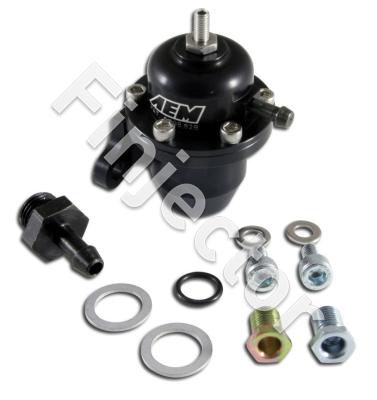 Adjustable Fuel Pressure Regulator. Black. Acura & Honda Offset Flange with Straight Return Line Fitting