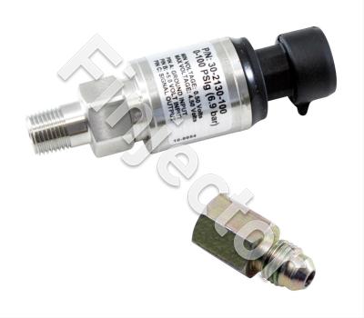 100 PSIg Stainless Sensor Kit. Stainless Steel Sensor Body. 1/8" NPT Male Thread. Includes:: 100 PSIg Stainless Sensor, Connector, Pins & 1/8" NPT to -4 Adapter