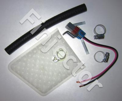 Universal installation kit for high power Walbro intank fuel pumps, includes filter, connector for example F90000267 pump, 12 cm of hose and two 8 mm hoseclamps  (400-0085)