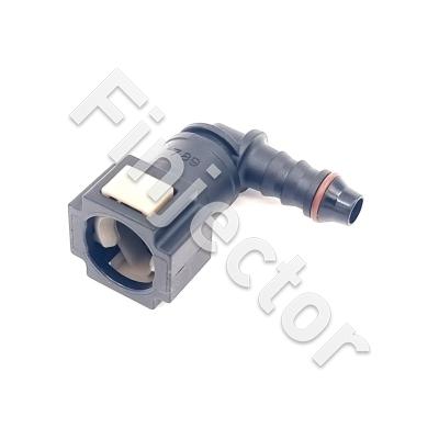Female quick connector, Short version,  90° of 7.9 mm tube. Output with O ring for 8 mm polyamide tube or hose.