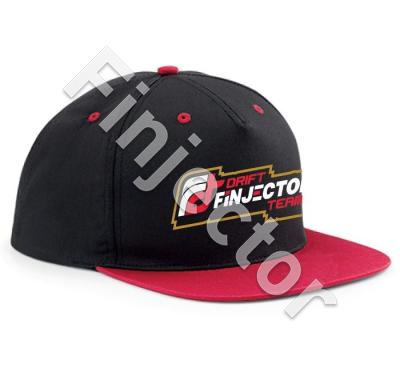 Musta-punainen Finjector Drift Team -lippis suoralla lipalla, snapback säätö, siirtokuvalla