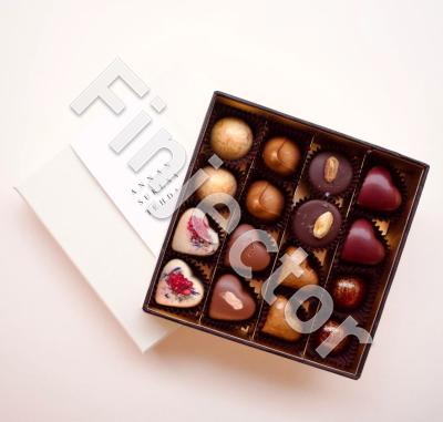 16 pcs gourmet hand made pralines, 8 flavors: Yuzu Caramel, White Chocolate Raspberry, Milk Chocolate Salt Caramel, Milk Chocolate Orange Almond, Milk Chocolate Vanilla, Dark Chocolate Blackcurrant & Dark Chocolate Chili Lemon Caramel. (BOX-16-21