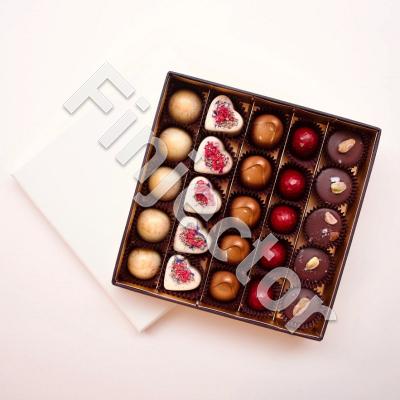 25 pcs gourmet hand made pralines, 5 flavors: Yuzu Caramel, White Chocolate Raspberry, Milk Chocolate Salt Caramel, Dark Chocolate Cherry & Pistachio.