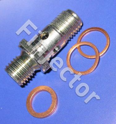 Non return valve  for fuel pumps. M12X1.5 / M12X1.5 for 12 mm banjo.  Incl. copper seals.